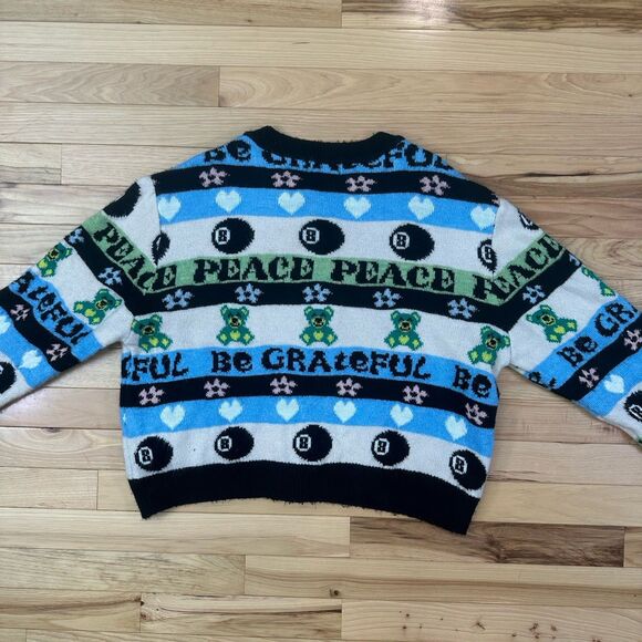 Topshop Sweater Size 4-6 Knit Eight Ball Teddy Bear “Be Grateful” & “Peace” - Picture 4 of 6